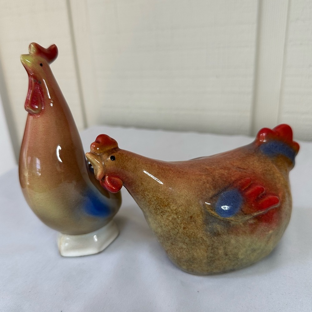 Ceramic Rooster and Hen Figurines - Brown and Blue